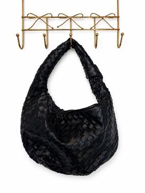 Woven Black Leather Hobo Bag - Slouchy Shoulder Tote